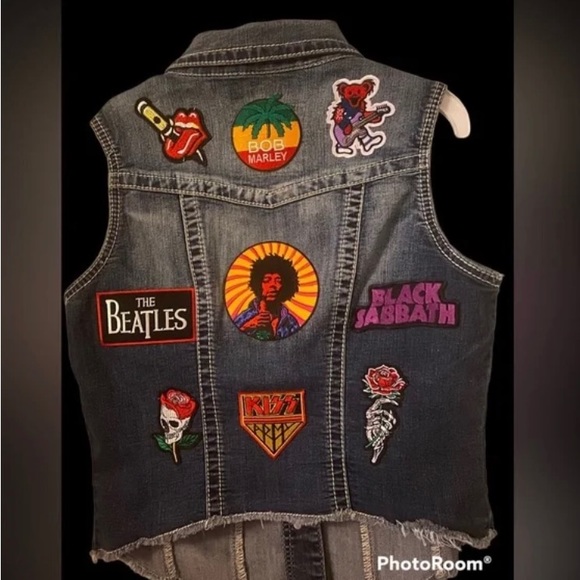CUSTOMIZED DENIM VEST JACKET W/ THE ICONIC ROCK BANDS!! 18 PATCHES ON IT !! - Picture 6 of 12